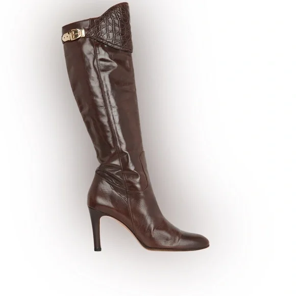 GUCCI / TOM FORD Runway Dark Brown Leather Logo Buckle Alligator Tall Boot 40 10